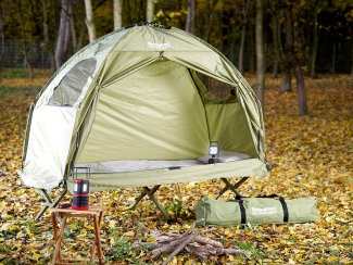 4in1-Zelt mit Feldbett, Winter-Schlafsack, Matratze und Sonnenschutz