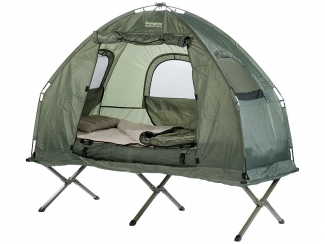 4in1-Zelt mit Feldbett, Winter-Schlafsack, Matratze und Sonnenschutz