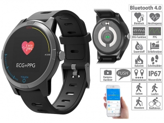 Fitness-Uhr mit Bluetooth, Herzfrequenz- und EKG-Anzeige, App, IP67