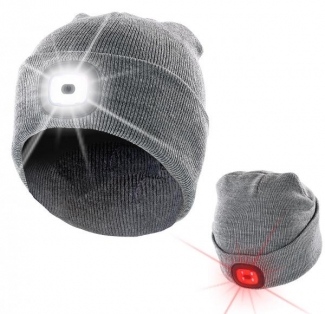 Stirnlampe Graue Strickmütze Mütze Wintermütze mit weissen (vorne) & roten (hinten) LEDs