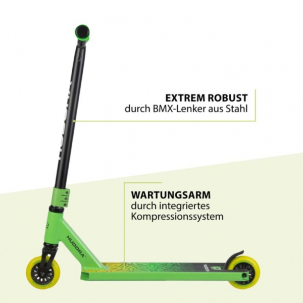Hudora Kinder Stunt Scooter (Grün, Schwarz, 67.5cm × 75cm, 3.6kg)