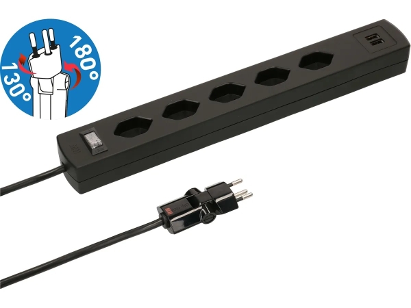 Steckdosenleiste Safety Line 5x Typ13 90° BS schwarz USB Magnet