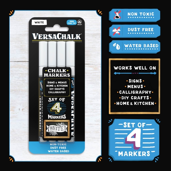 VersaChalk - Weisse Flüssigkreide Marker 4er Set 3mm Spitze