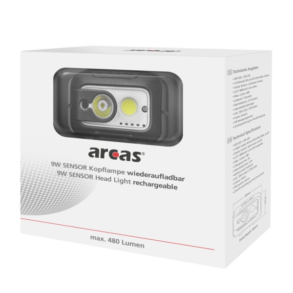 Kopflampe Stirnlampe wiederaufladbar ARCAS 9W Sensor