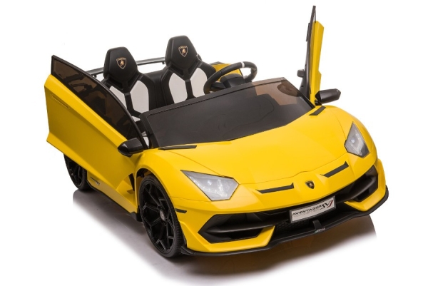 Kinderfahrzeug Gelb Elektro Auto Lamborghini Aventador SVJ Doppelsitzer - Lizenziert - Fernsteuerung, MP3, Ledersitz+EVA+Lackiert