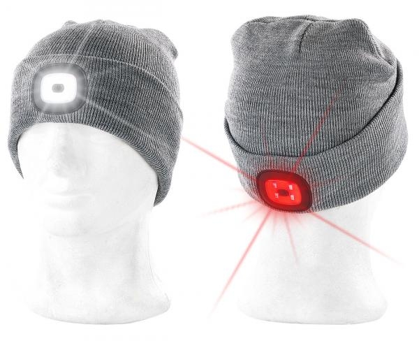 Stirnlampe Graue Strickmütze Mütze Wintermütze mit weissen (vorne) & roten (hinten) LEDs